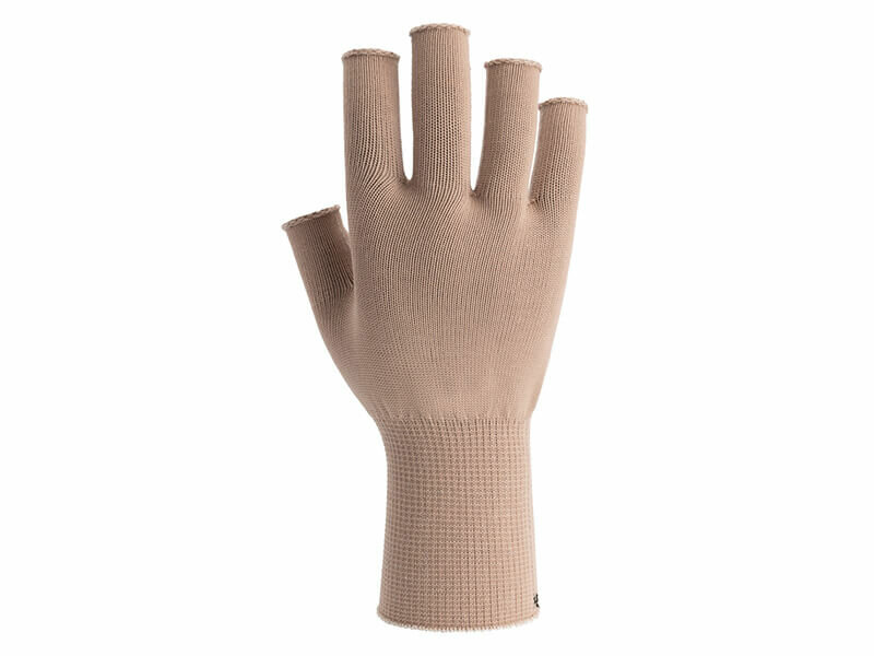 Huidskleurige skafit vingerloze zilverhandschoenen rugzijde hand